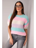 Dámský model 21949236 s krajkovým vzorem v barevných pruzích s krátkým rukávem mátový - K-Fashion