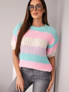 Dámský svetřík s krajkovým vzorem v barevných pruzích s krátkým rukávem mátový