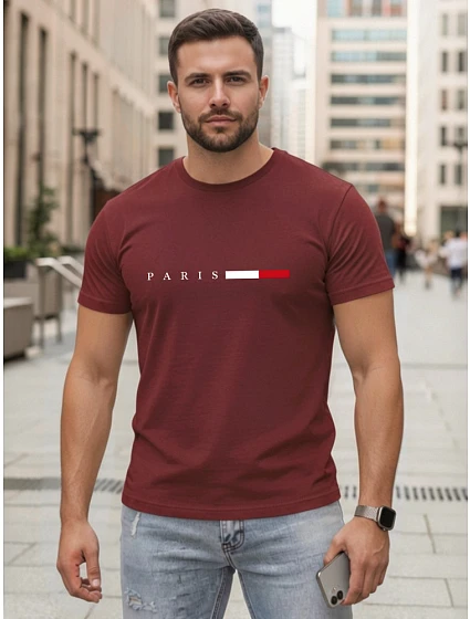 Koszulka męska bawełniana z napisem PARIS bordowy model 22316064 - FashionStreet