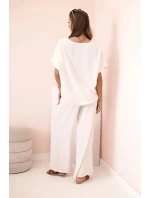 Dámský komplet z viskózy s ozdobným květem a širokými kalhotami - béžový