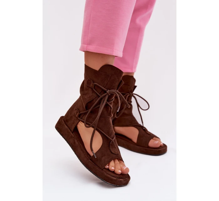 Dámské sandály Eko semiš s vysokým páskem a šněrováním Čokoládové Ferlisse