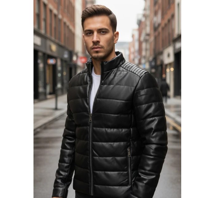 Pánská prošívaná zimní kožená bunda černá FashionStreet TX5114