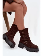 Dámské botky na masivním podpatku s pásky a přezkami Nerelisa – čokoládové