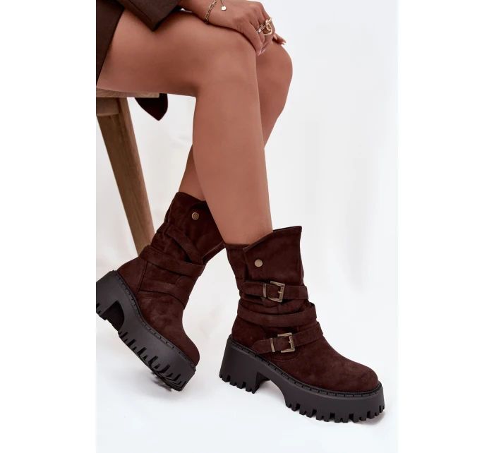 Dámské botky na masivním podpatku s pásky a přezkami Nerelisa – čokoládové