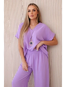 Komplet s náhrdelníkem halenka + kalhoty světle fialová