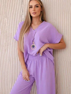 Komplet s náhrdelníkem halenka + kalhoty světle fialová