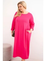 Dámská suknička Plus Size bavlněná s dlouhým rukávem a řasením v pase fuchsie