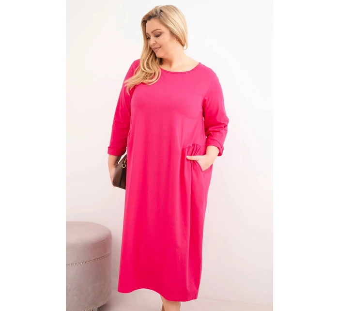 Dámská suknička Plus Size bavlněná s dlouhým rukávem a řasením v pase fuchsie