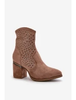 Zdobené dámské boty na podpatku z eko semiše hnědé model 21668223 - S.Barski