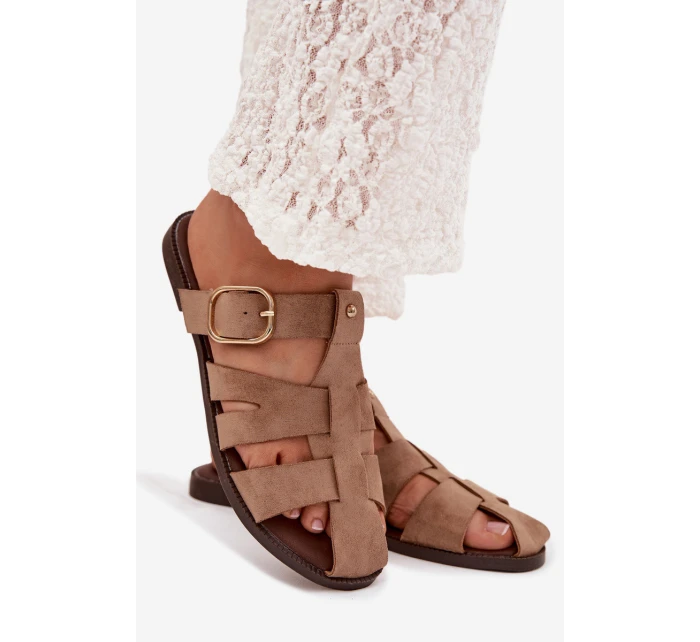 Dámské nazouváky na ploché podrážce s pásky a zlatou sponou Bežové Elzora