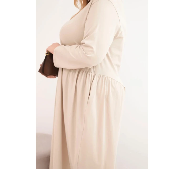 Dámská sukýnka Plus Size bavlněná s dlouhým rukávem a nařasením v pase béžová