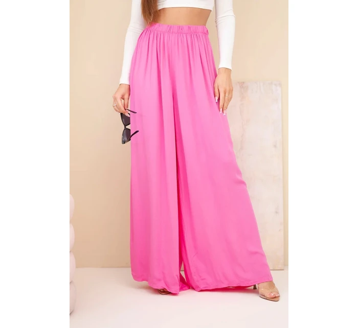 Dámské široké viskózové kalhoty s gumou v pase růžové Dámské široké viskózové kalhoty s gumou v pase růžové