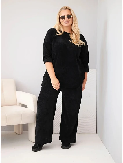 Dámský komplet Plus Size z viskózy model 22365199 s širokými kalhotami a mikinou černý - K-Fashion Dámský komplet Plus Size z viskózy model 22365199 s širokými kalhotami a mikinou černý - K-Fashion
