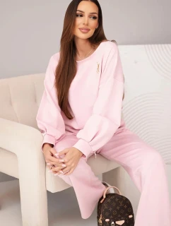 Dámský komplet máslová mikina s broží a kalhoty s model 21949312 nohavicí tmavě pudrově růžová - K-Fashion