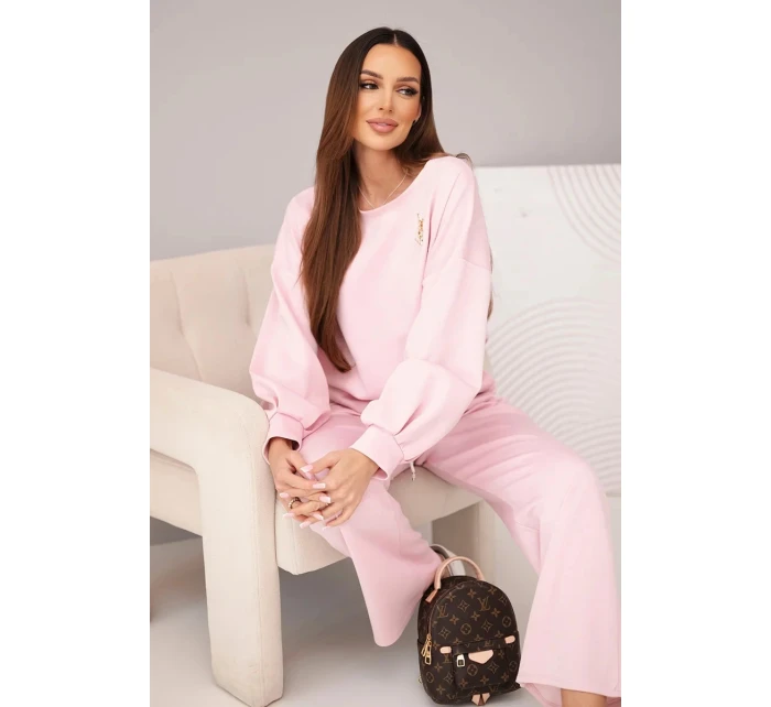 Dámský komplet máslová mikina s broží a kalhoty s model 21949312 nohavicí tmavě pudrově růžová - K-Fashion