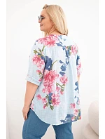 Dámská bavlněná halenka Plus Size s výstřihem do V s květinovým vzorem modrá