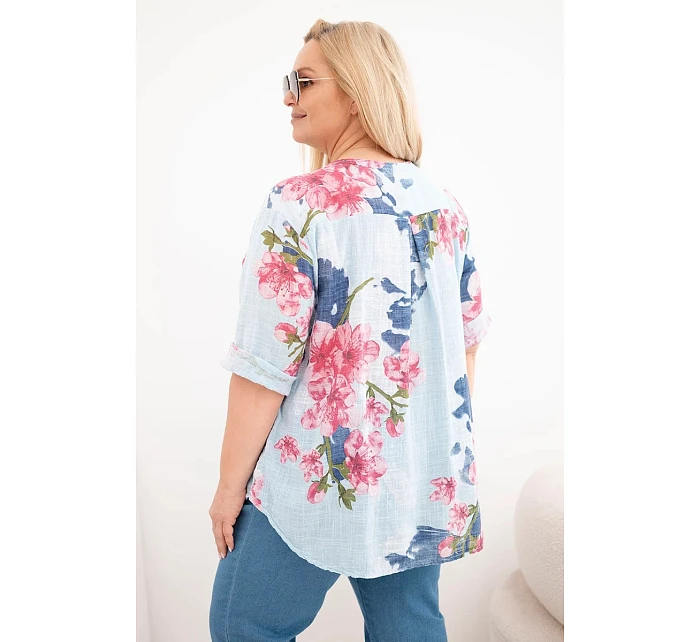 Dámská bavlněná halenka Plus Size s výstřihem do V s květinovým vzorem modrá