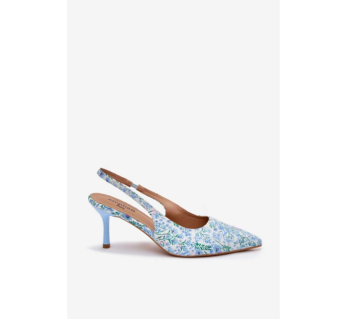 Ozdobené dámské sandály na jehlovém podpatku s květinovým vzorem modré model 22103131 - Boto