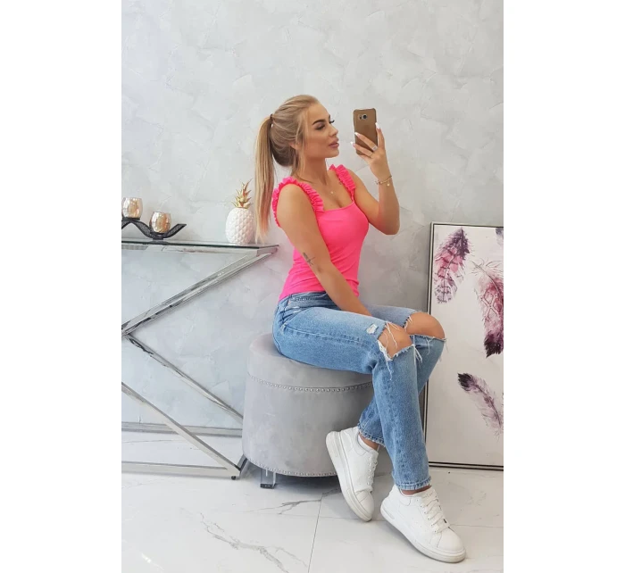 Halenka s volánky bez ramínek růžová neonová