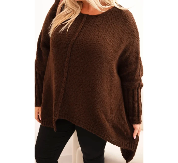 Dámský svetr Plus Size z model 21297042 s volným střihem a rukávem 3/4 hnědý - K-Fashion