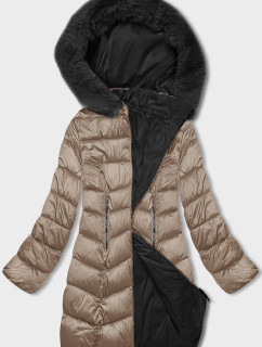 Béžovo-černá oboustranná dámská zimní bunda s kapucí (B8203-1201)