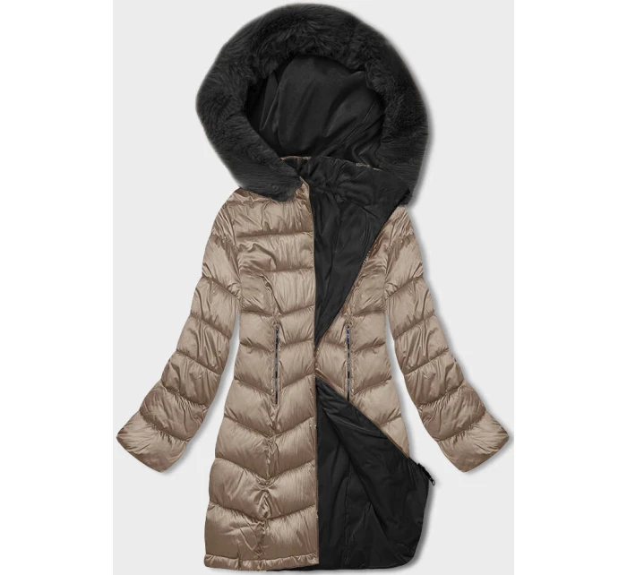Béžovo-černá dámská oboustranná zimní bunda s kapucí (B8203-1201)