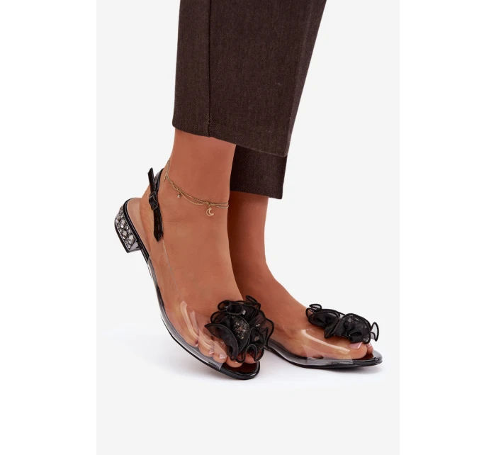 Průhledné sandály na nízkém podpatku s kamínky a ozdobou D&A model 21908359 Černé - S.Barski