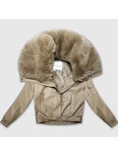 Kožená bunda v teplé béžové barvě s velkým kožešinovým límcem Glakate (LU98090#)