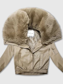 Kožená bunda v teplé béžové barvě s velkým kožešinovým límcem Glakate (LU98090#)