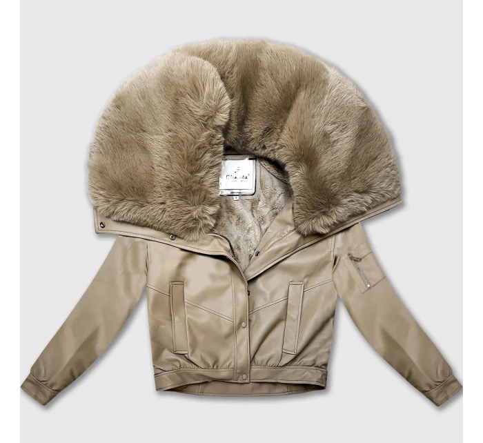 Kožená bunda v teplé béžové barvě s velkým kožešinovým límcem Glakate (LU98090#)