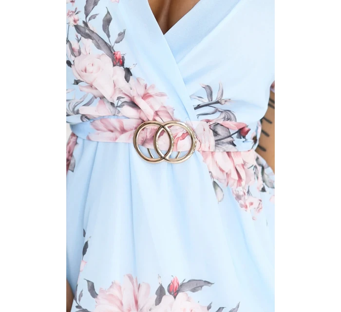 šaty s obálkovým výstřihem, páskem a krátkými rukávy MODRÁ S model 21143327 - numoco basic