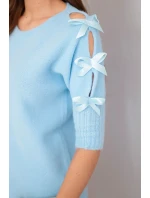 Dámský svetr s krátkým rukávem a ozdobnými mašličkami modrý Dámský svetr s krátkým rukávem a ozdobnými mašličkami modrý