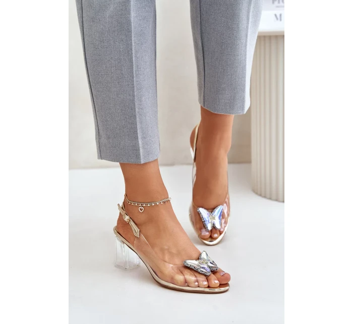 Transparentní Sandály S Motýlem Na Podpatku D&A Zlaté Transparentní Sandály S Motýlem Na Podpatku D&A Zlaté