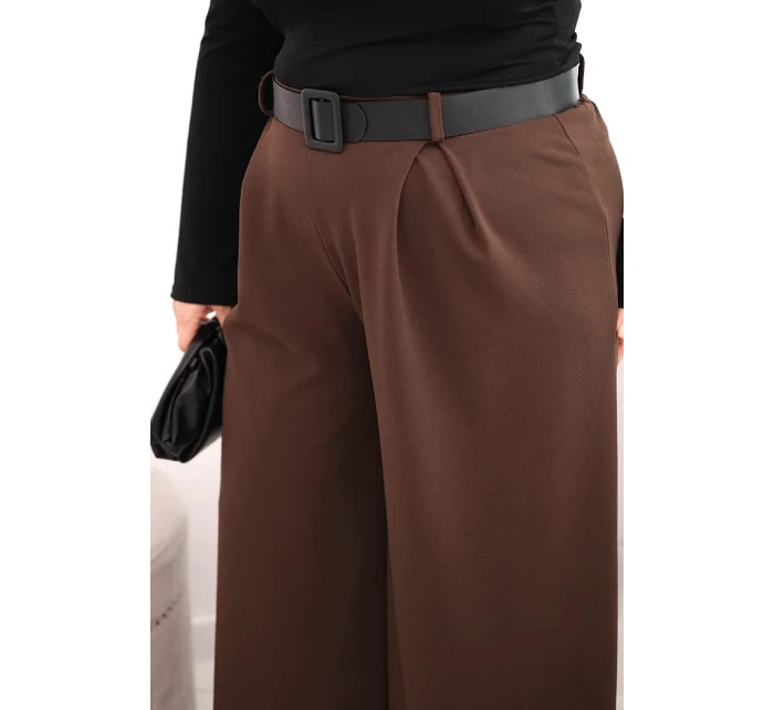 Dámské kalhoty Plus Size s širokou nohavicí a páskem hnědé