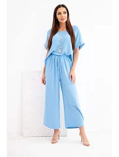 Dámský viskózový komplet halenka s krátkým rukávem a kalhoty se širokými nohavicemi modrá
