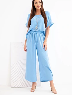 Dámský viskózový komplet halenka s krátkým rukávem a kalhoty se širokými nohavicemi modrá