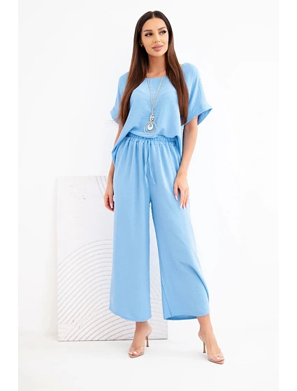 Dámský viskózový komplet halenka s krátkým rukávem a kalhoty se širokými nohavicemi modrá