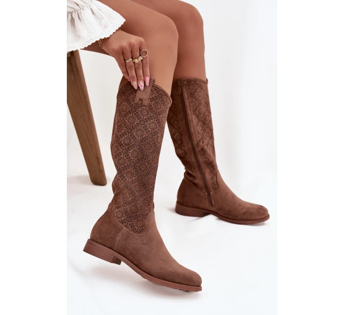 Dámské Kozačky S Vzorem Na Ploché Podpatku S  Hnědé model 21713460 - S.Barski