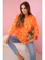 Lněná dámská halenka s květinovým vzorem, dlouhými rukávy a knoflíky Oranžová Lněná dámská halenka s květinovým vzorem, dlouhými rukávy a knoflíky Oranžová