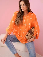 Lněná dámská halenka s květinovým vzorem, dlouhými rukávy a knoflíky Oranžová
