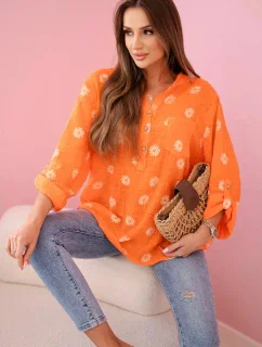 model 20949125 dámská halenka s květinovým vzorem, dlouhými rukávy a knoflíky Oranžová - K-Fashion