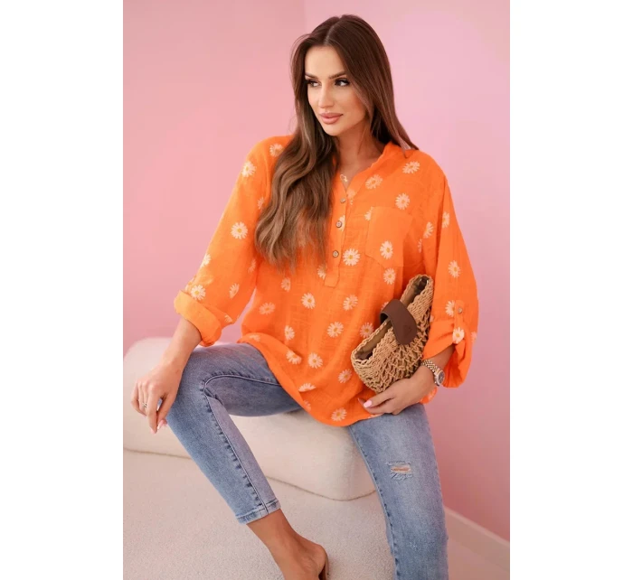 Lněná dámská halenka s květinovým vzorem, dlouhými rukávy a knoflíky Oranžová Lněná dámská halenka s květinovým vzorem, dlouhými rukávy a knoflíky Oranžová