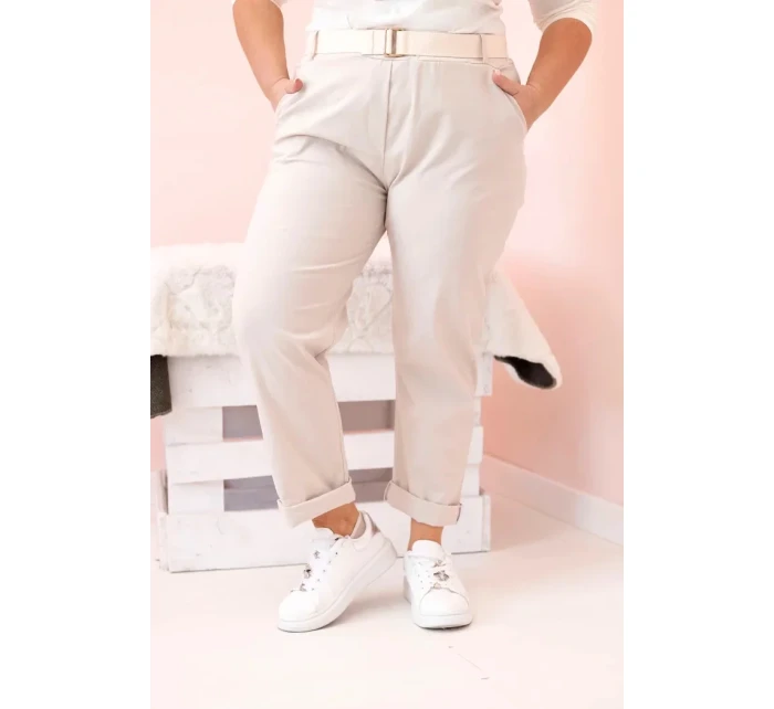 Dámské bavlněné kalhoty Plus Size s páskem béžový Dámské bavlněné kalhoty Plus Size s páskem béžový