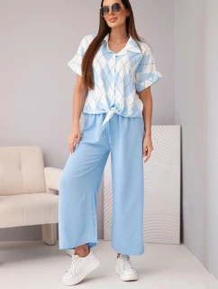 Dámská souprava viskózová košile s model 21952001 a kalhoty s gumou modrý - K-Fashion