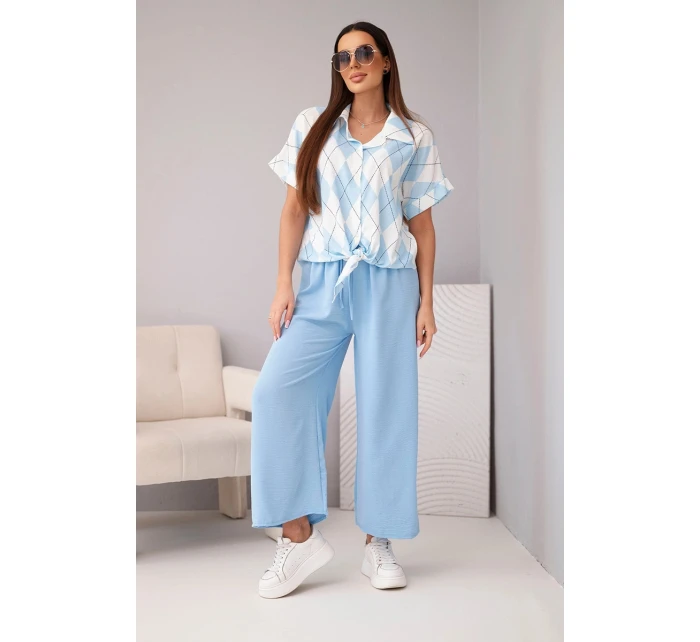 Dámská souprava viskózová košile s uvazováním a kalhoty s gumou modrý
