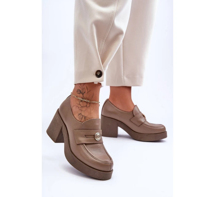 Dámské kožené polobotky na sloupku tmavě hnědé model 21630072 - Boto