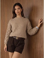 Dámský oversize svetr s copánkovým vzorem, tmavě béžový, FashionStreet MY2592 Dámský oversize svetr s copánkovým vzorem, tmavě béžový, FashionStreet MY2592