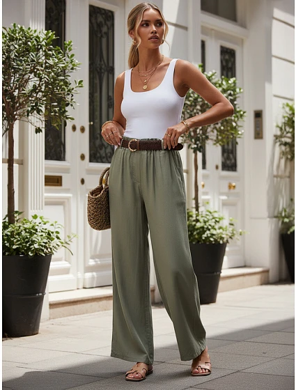 Dámské kalhoty z lyocellu se širokými nohavicemi, zelené, FashionStreet UY3066