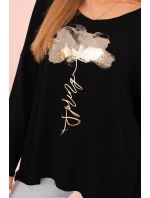 Dámská blůza z viskózy s dlouhým rukávem a zlatým květinovým potiskem černá