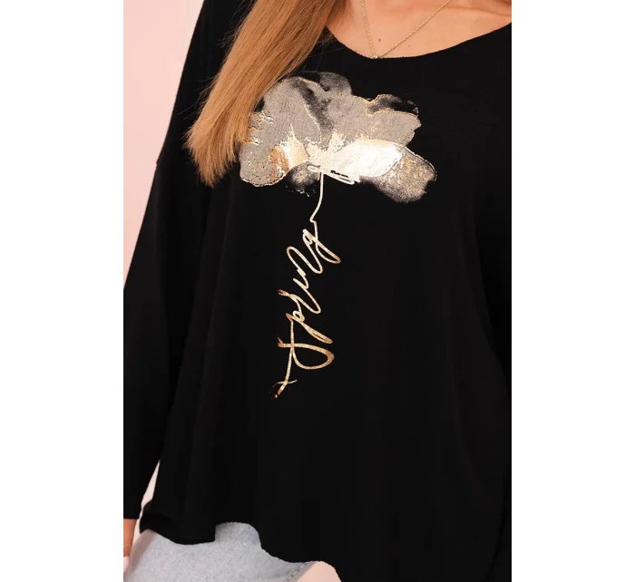 Dámská blůza z viskózy s dlouhým rukávem a zlatým květinovým potiskem černá